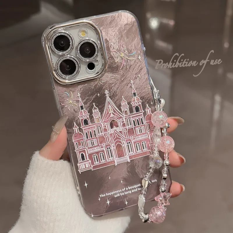QIZHENG ABS+PC Material Girlish Smoke Castle With Chain Phone Case Compatible With Apple 16 Pro Max/15/14/13/12/11-2