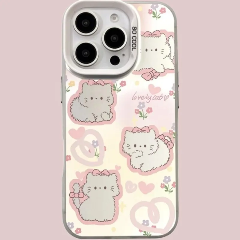 Sopi Acrylic Material Floral Bowknot Kitten Phone Cases Compatible With IPhone 16/15 Pro Max/Apple 13/14 Pro/Max-1