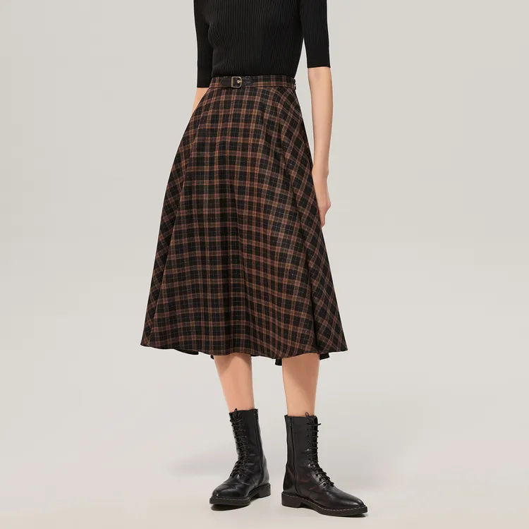 OVV Casual Long Skirts Women's Dark Brown Plaid B1-3