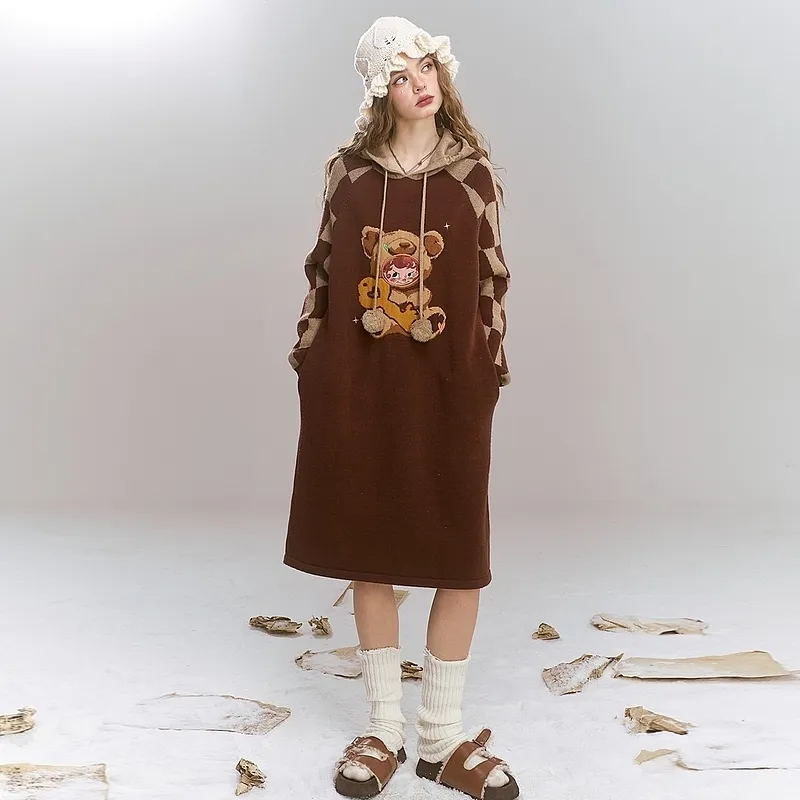 ELF SACK Long Sleeved Dress Women's Vintage Coffee-6