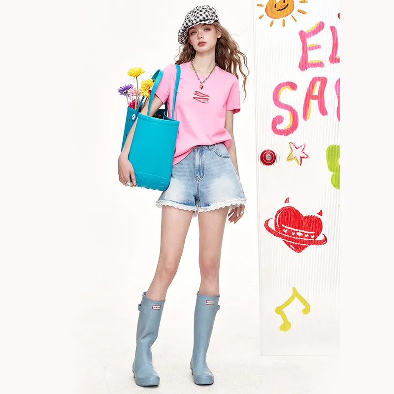 ELF SACK Denim Shorts Women's Lace Denim Blue-8