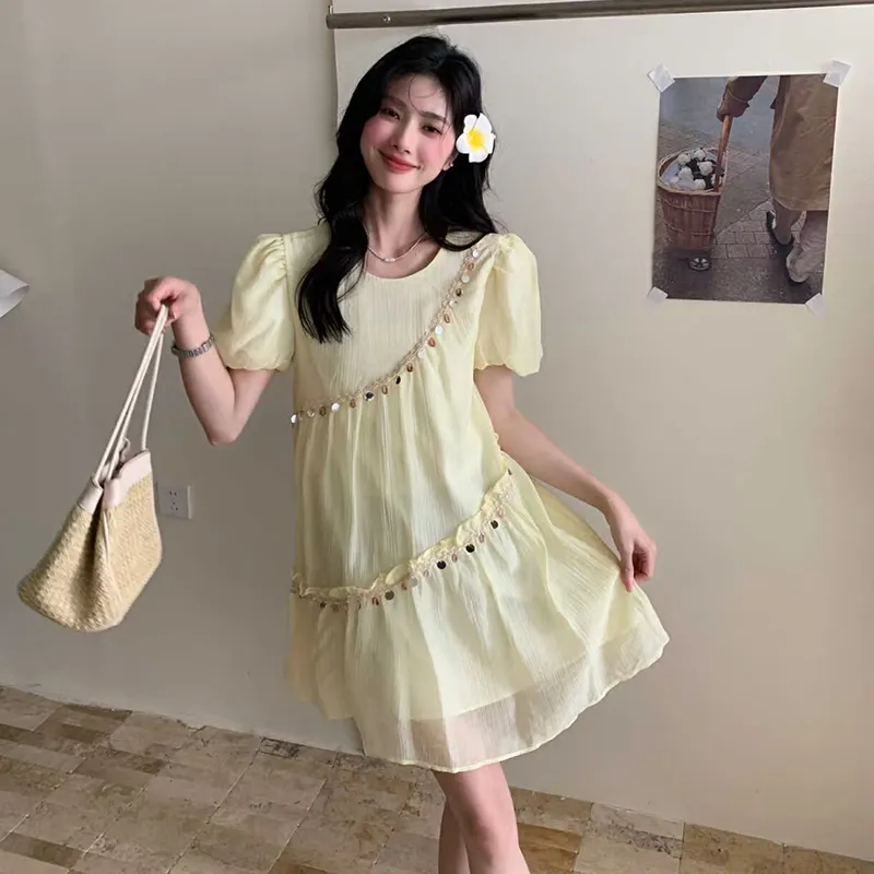 QYPRF Short Sleeved Dress Women's Yellow-3