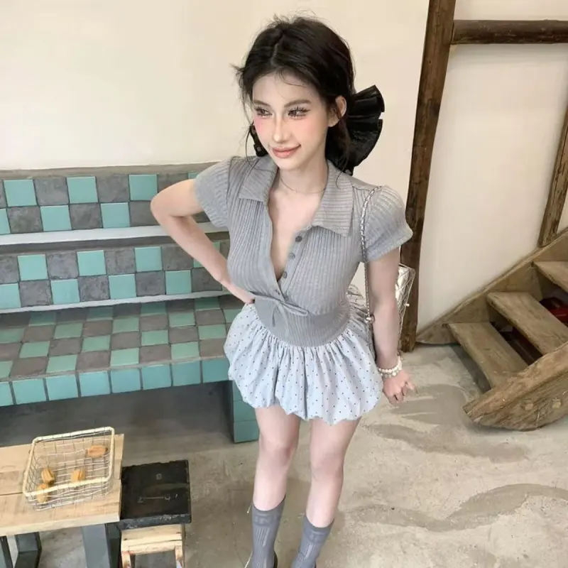 GLEE DIARY Short Sleeved Dress Women's Gray-2