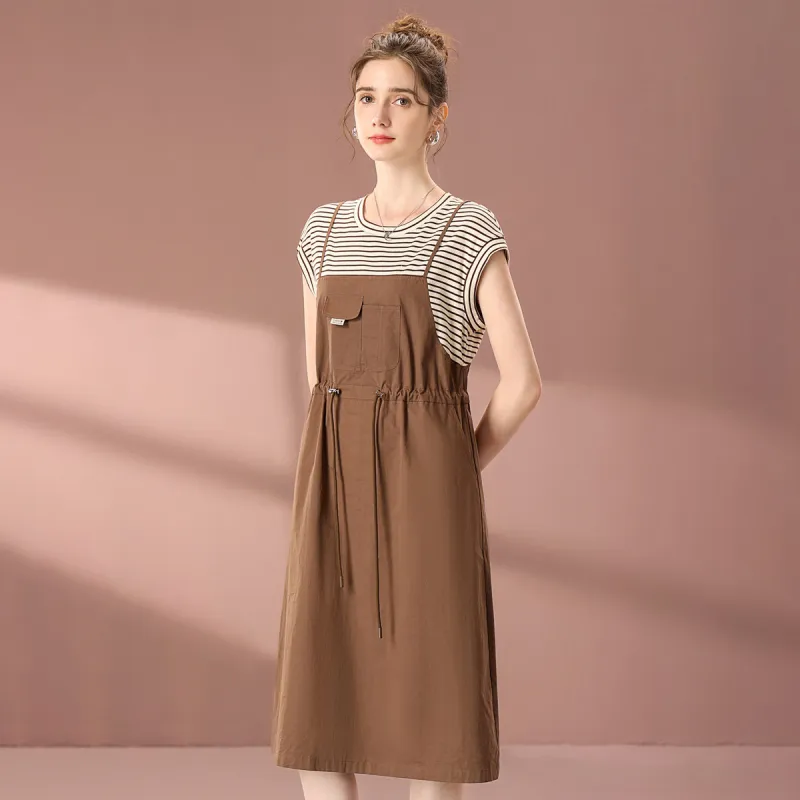 FENHONGMALI 2025 Summer Short Sleeved Dress Cinched Waist Women's Coffee-3