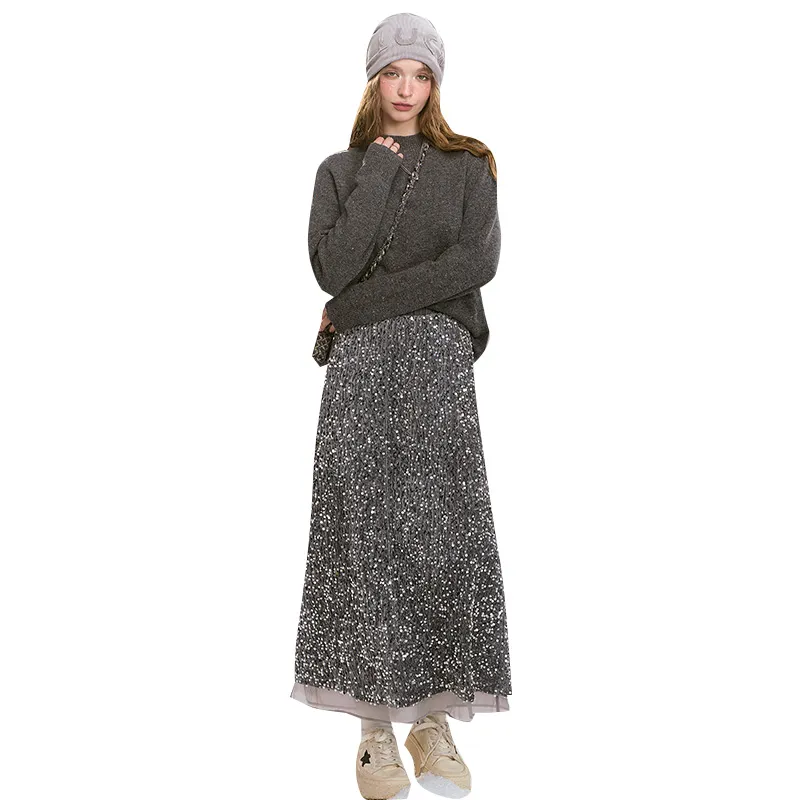 ELF SACK Heavy-Duty Glitter High-Rise Straight Fit Skirt Women's-1