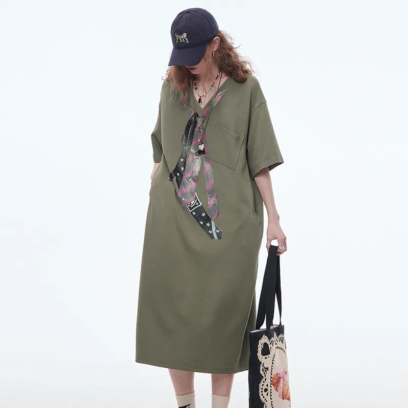 ELF SACK Short Sleeved Dress Women's Tie Gray Green-4