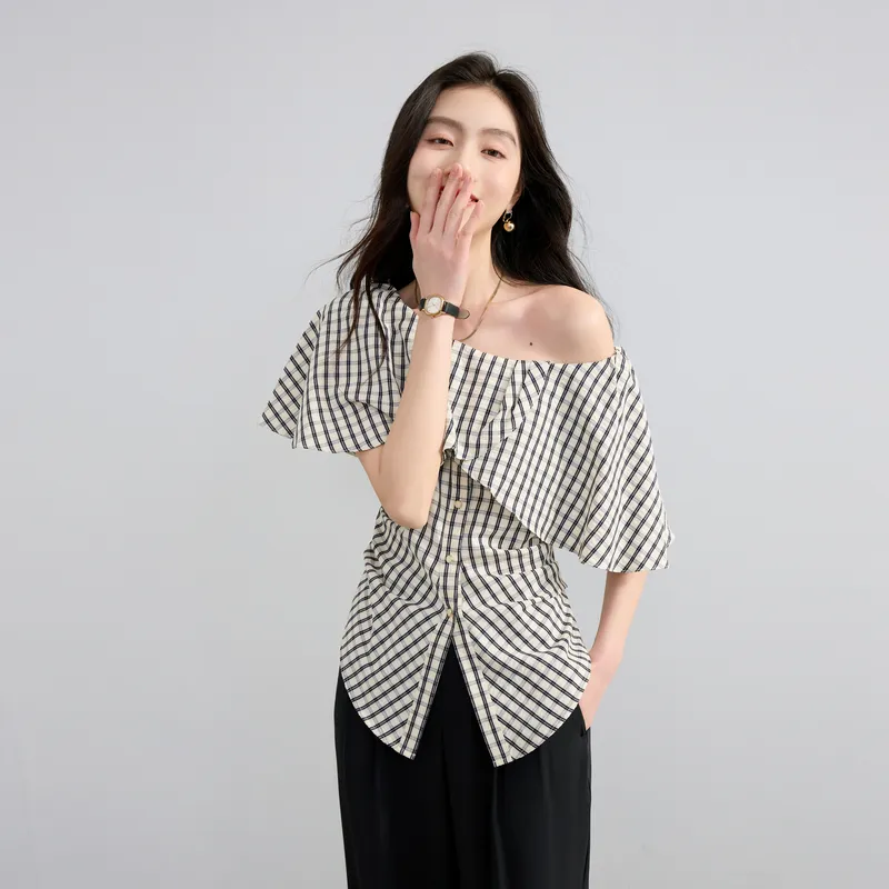 3COLOUR Chiffon Shirt Women's Black Rice Plaid-4