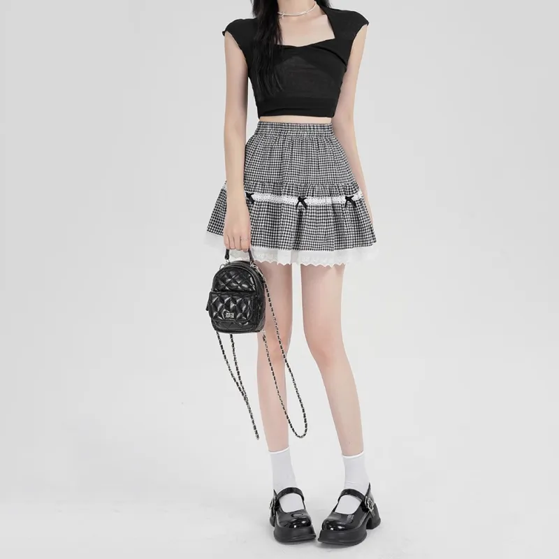 MISSHONEY MH Casual Short Skirts Women's Black Plaid-4