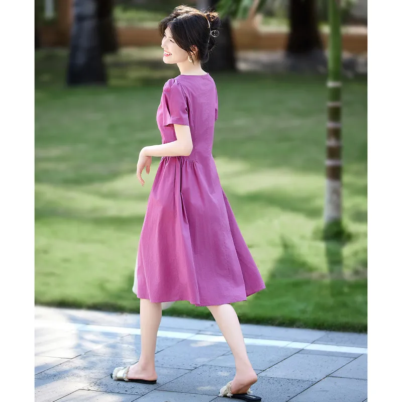Still Quiet Summer Short Sleeved Dress Women's Raspberry Pink-3