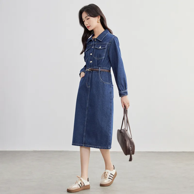 SENTUBILA Long-Sleeved Dresses Women's Denim Blue-2