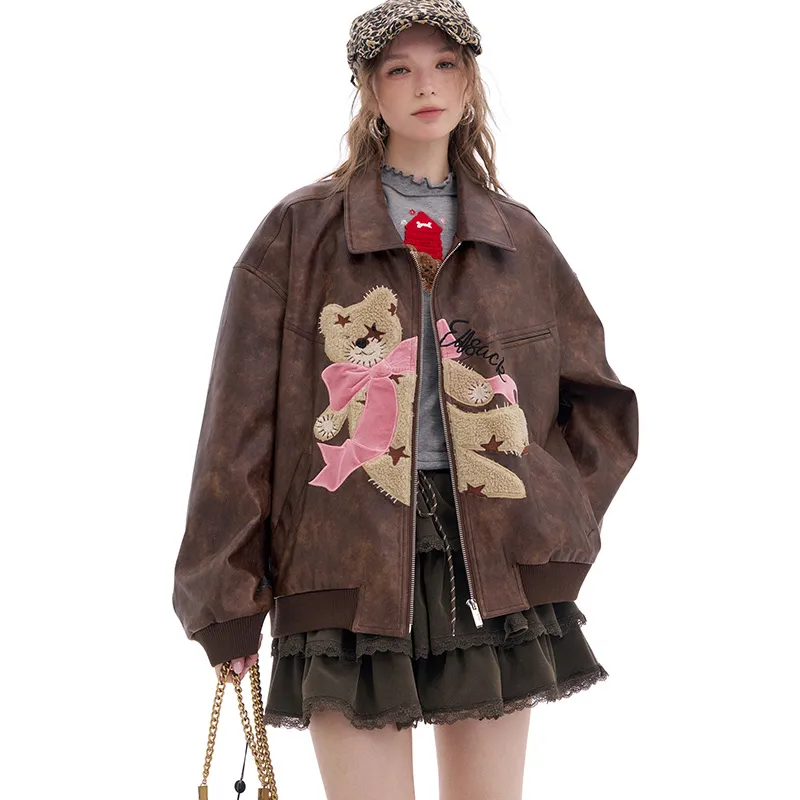 ELF SACK Leather Jacket Women's Bear Coffee-3