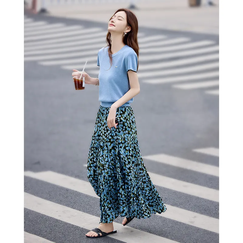 Still quiet Two Piece Skirt Sets Women's Blue/Multicolor-3