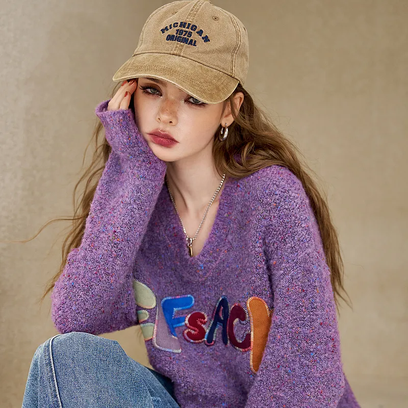 ELF SACK Multicolor Plush Letter Effortless Style Sweater Women's-4