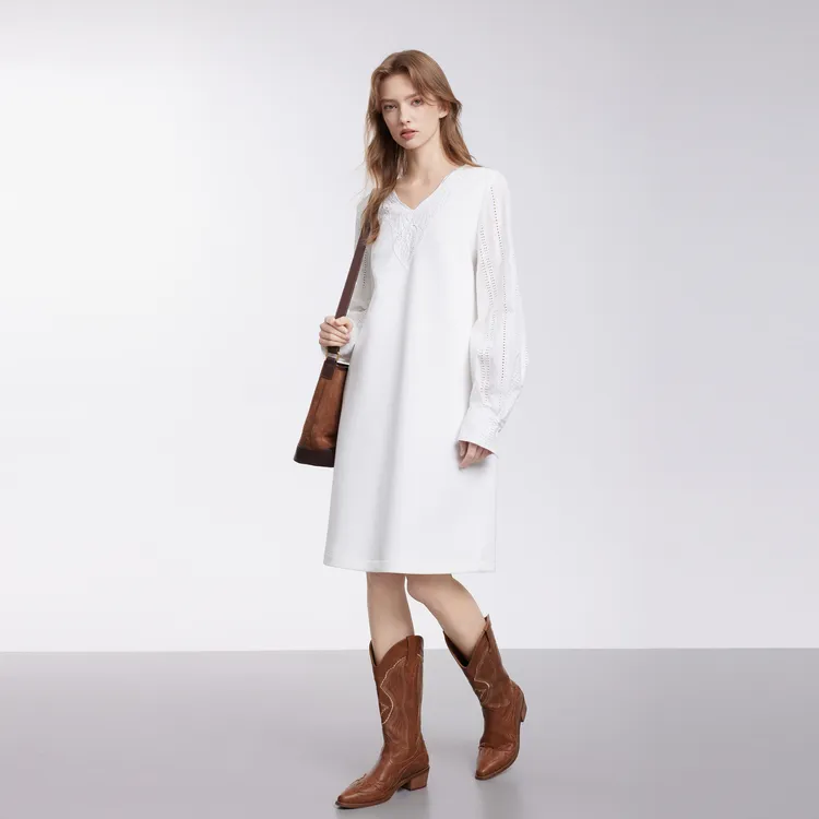 ELLE Long Sleeved Dresses Women's White-3