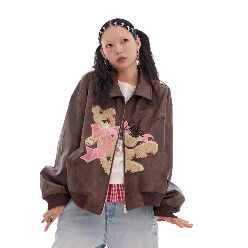 ELF SACK Leather Jacket Women's Bear Coffee-2