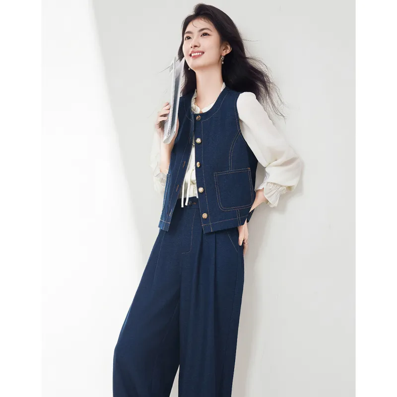 XINFEIYU Casual Suit Women's Denim Blue-1