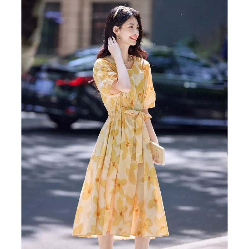 Still Quiet Summer Short Sleeved Dress Cinched Waist Women's-3