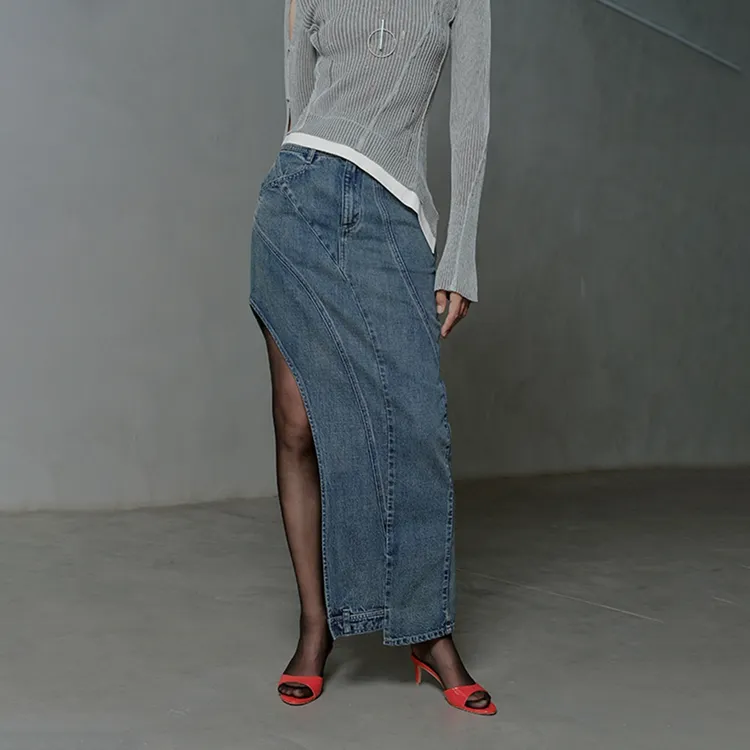 URBAN REVIVO Denim Long Skirt Women's Blue-2