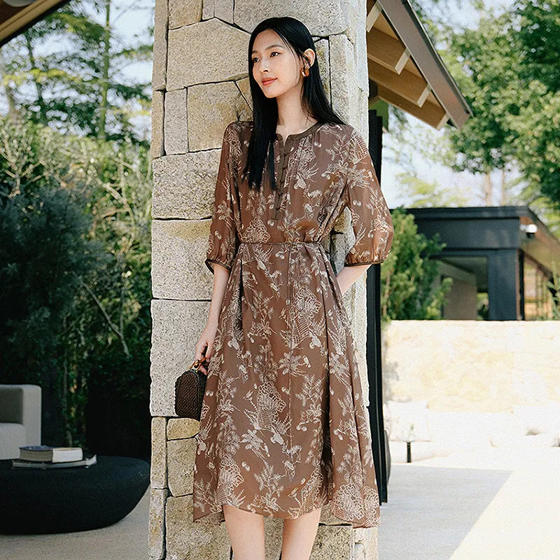 JZ. ANNAKRO Long Sleeved Dress Women's Floral Coffee-3