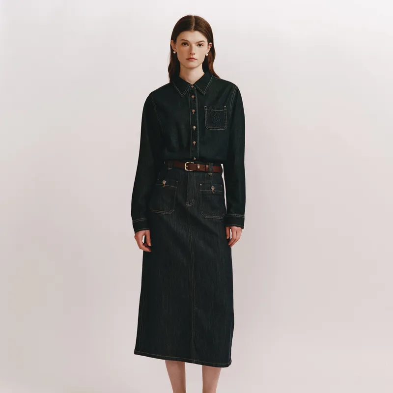E.land Casual Long Skirt Women's Dark Denim-3