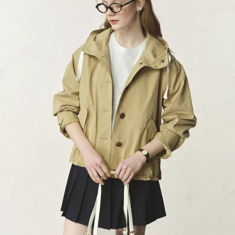E.land Cropped Coat Women's Light Army Green 491Khaki-3