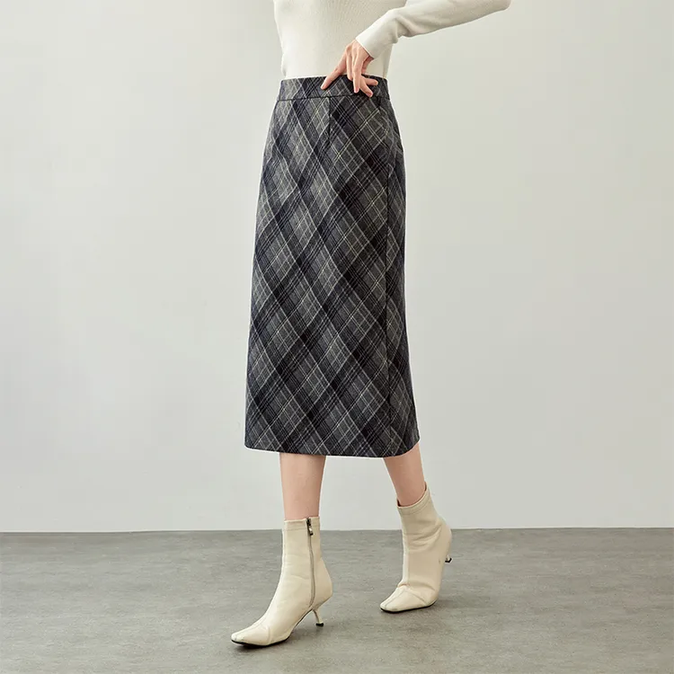 SENTUBILA Casual Long Skirts Women's Navy Blue Plaid-3