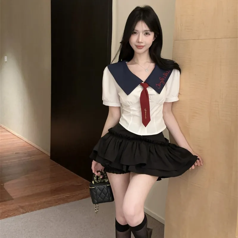 XIANSINIAO Two Piece Skirt Sets Women's White Shirt With Tie+Black Skirt Set-2