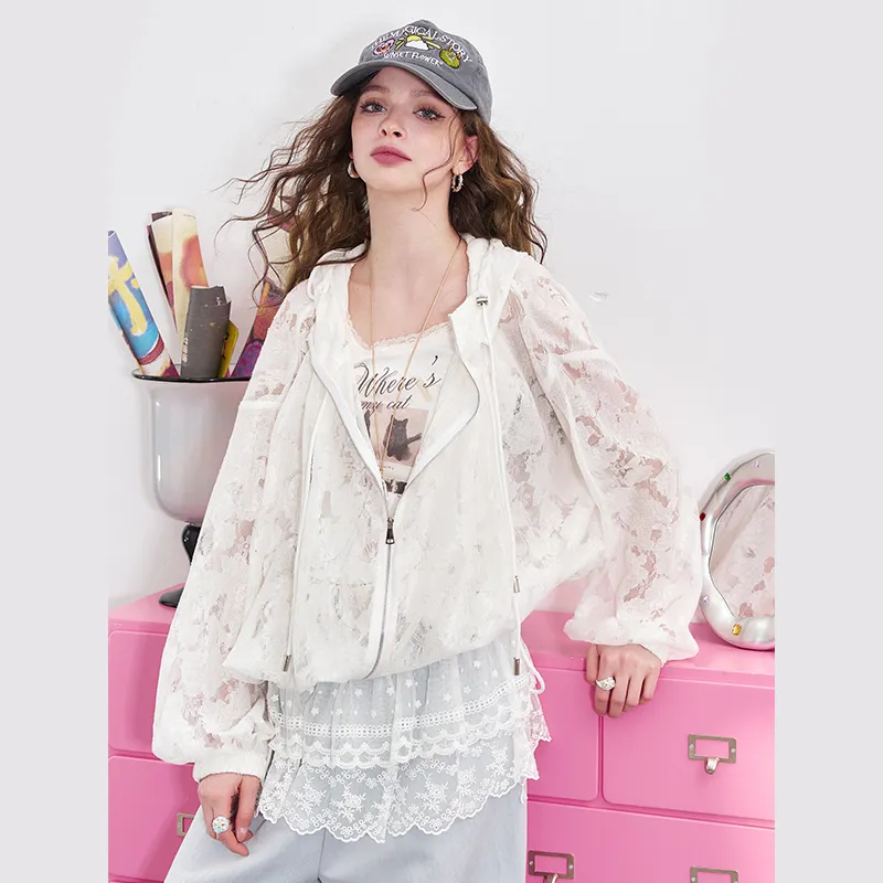 ELF SACK Cropped Coat Women's Lace Ecru-2