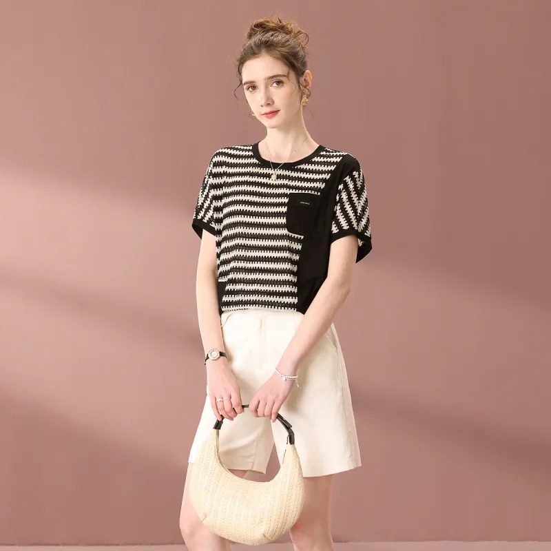 FENHONGMALI 2025 Summer Collection Regular T Shirt Women's Black White Loose Fit-2