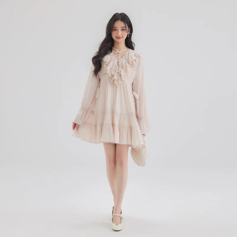DEAR DEER PUFF Long Sleeved Dress Women's Pink-3