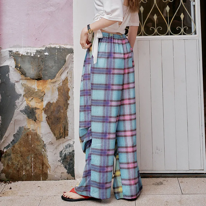 ELF SACK Casual Pants Women's Naughty Blue Pink Plaid-4