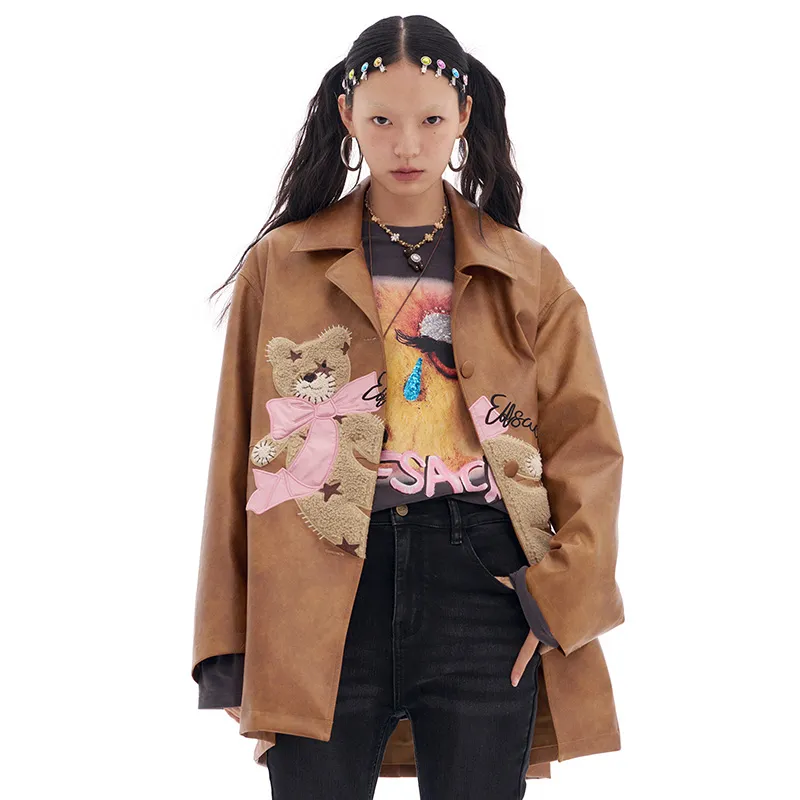 ELF SACK Leather Jacket Women's Patchy Yellow Coffee-4