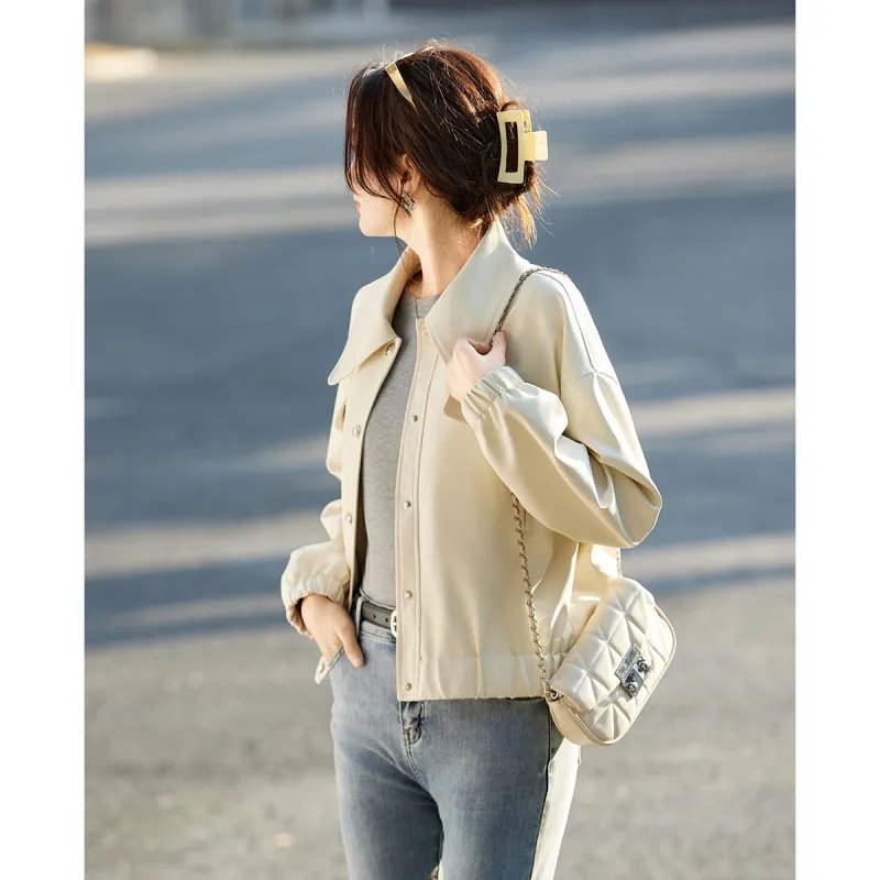 TERRE BLEUE Leather Jacket Women's Ecru-4