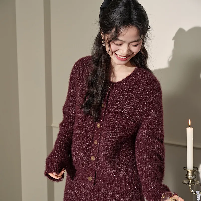KUOSE Two Piece Skirt Sets Women's Maroon-4
