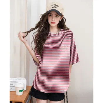 FAWENXIANGZI Summer Raglan Sleeve T Shirt Women's Red & White Loose Fit