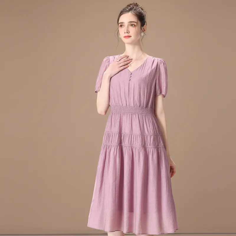 FENHONGMALI Spring Short Sleeved Dresses Cinched Waist Women's Purple-1