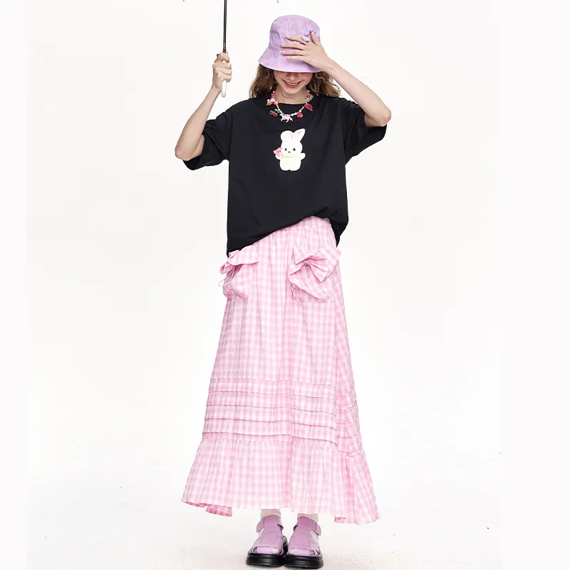 ELF SACK Casual Long Skirt Women's Pink White Plaid-4