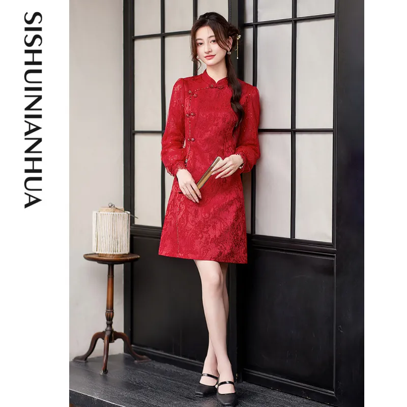 Like The Age Of Water Short Sleeved Dress Loose Fit Women's Red-3