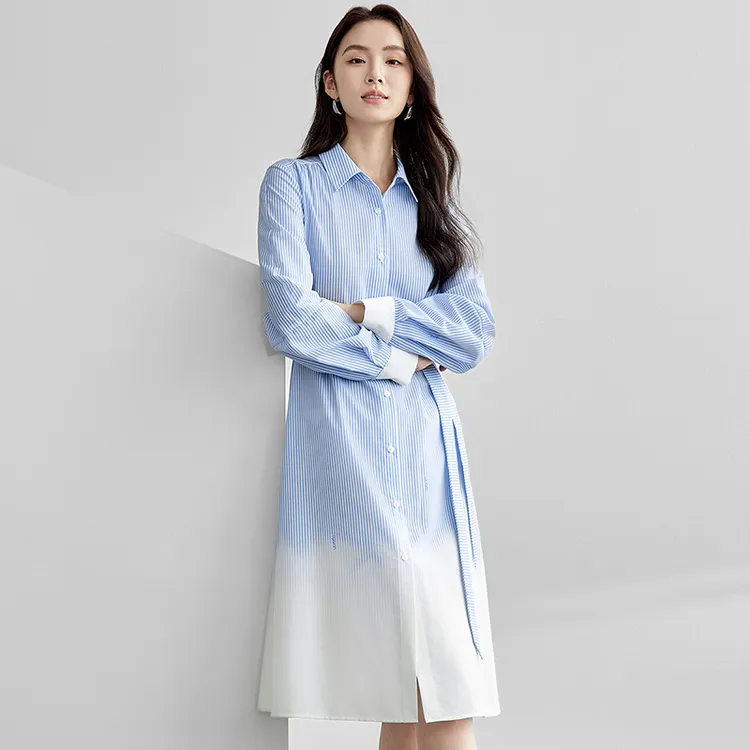 SENTUBILA Long Sleeved Dress Women's Light Blue Stripes-3