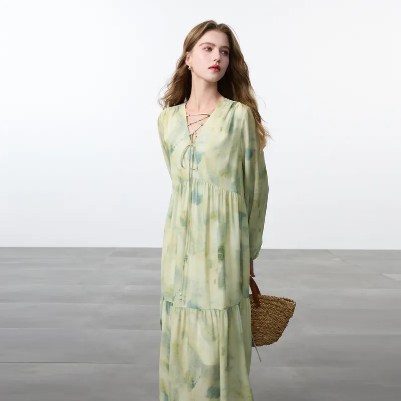 3COLOUR Long Sleeved Dress Women's Green Beige Floral-5