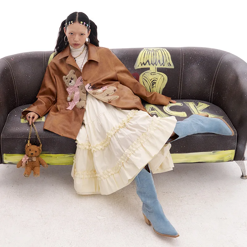 ELF SACK Leather Jacket Women's Patchy Yellow Coffee-6