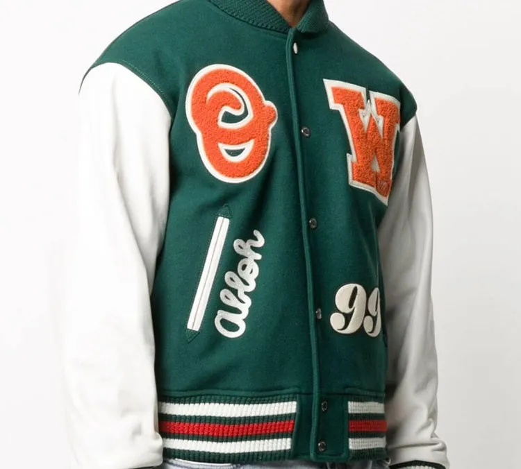 OFF WHITE Leather Logo Patch Varsity Jacket-3