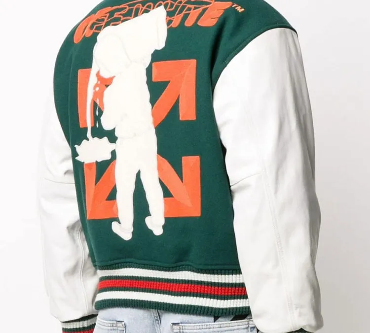OFF WHITE Leather Logo Patch Varsity Jacket-4