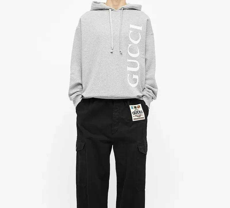 GUCCI Men Large GUCCI Logo Popover Hoodie Grey-4