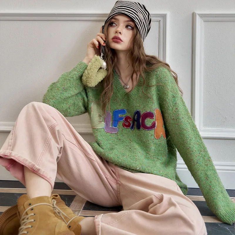 ELF SACK Multicolor Plush Letter Effortless Style Sweater Women's-17