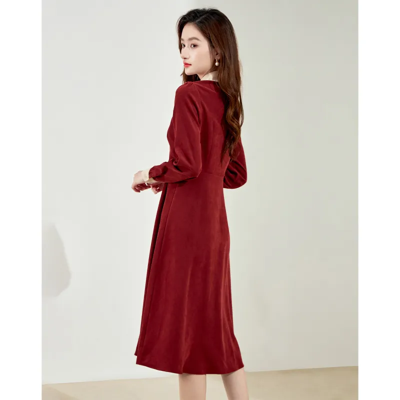 Love Elaine Spring, Fall Long Sleeved Dress Cinched Waist Women's Red-5