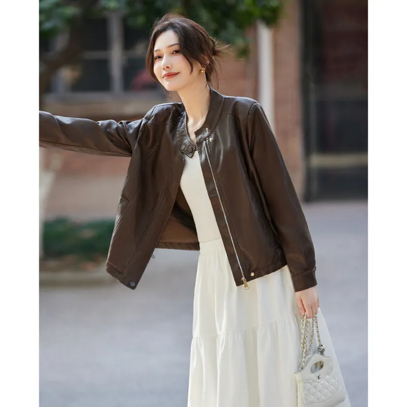 TERRE BLEUE Spring Fall Leather Jacket Loose Fit Women's-4