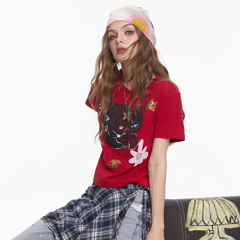 ELF SACK T Shirts Women's Red Kitten-5