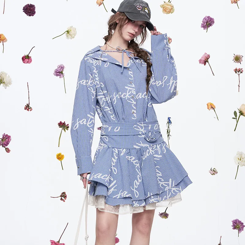 ELF SACK Long Sleeved Dress Women's Letter Blue White-3