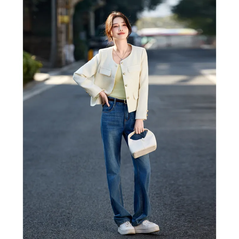 TERRE BLEUE Spring Fall Cropped Coats Loose Fit Women's Beige-3